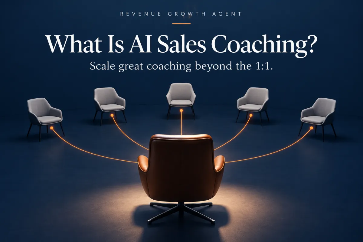 AI sales coaching illustration showing one central coach chair connected to five surrounding chairs, representing how AI sales coaching helps scale coaching across a sales team.