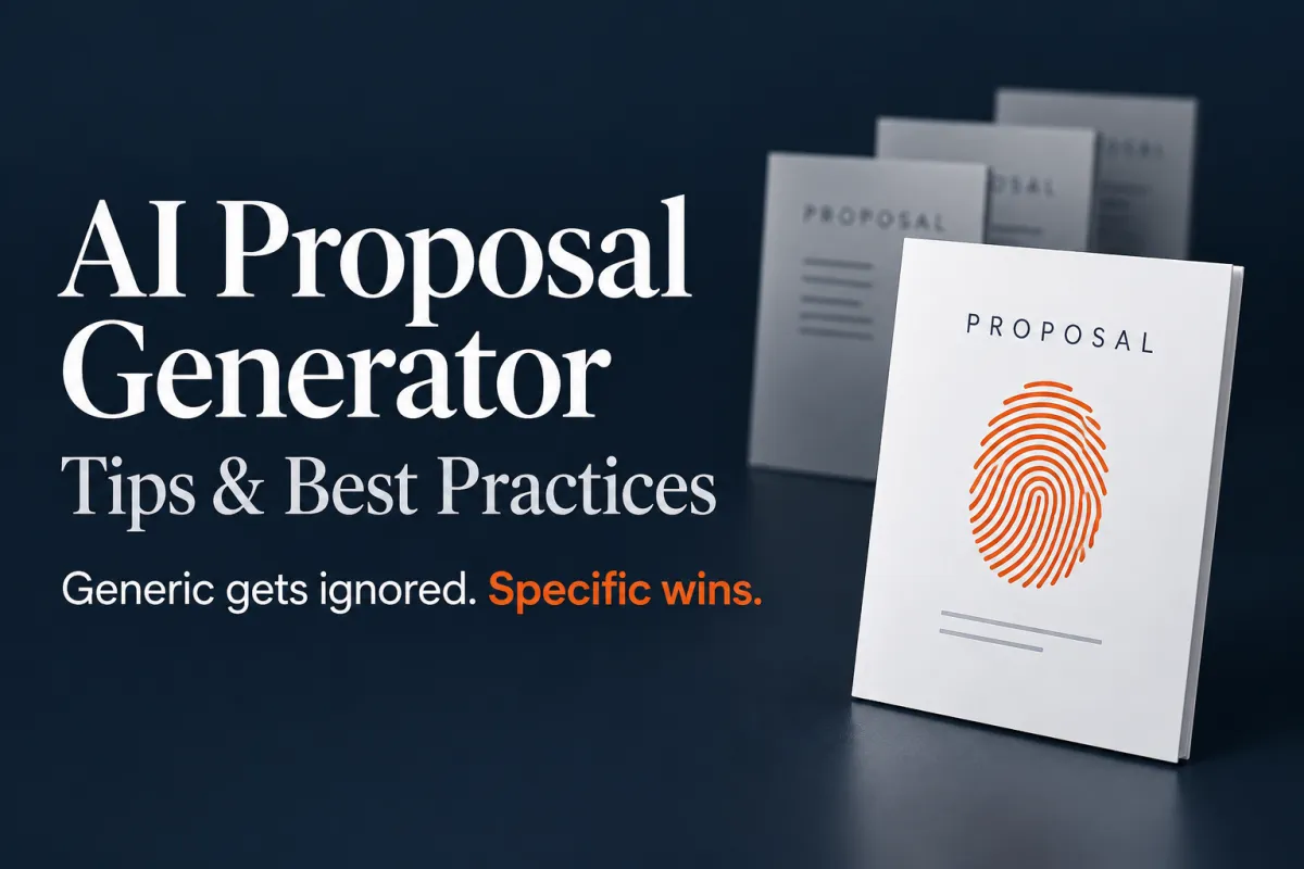 AI proposal generator cover image showing a customized proposal with an orange fingerprint beside generic proposal documents, illustrating that specific sales proposals outperform generic templates.
