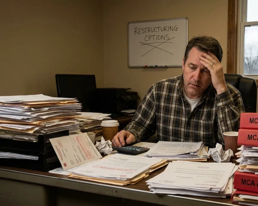 Miami business owner consolidating stacked merchant cash advances and MCA debt restructuring with Bayside Business Advisors