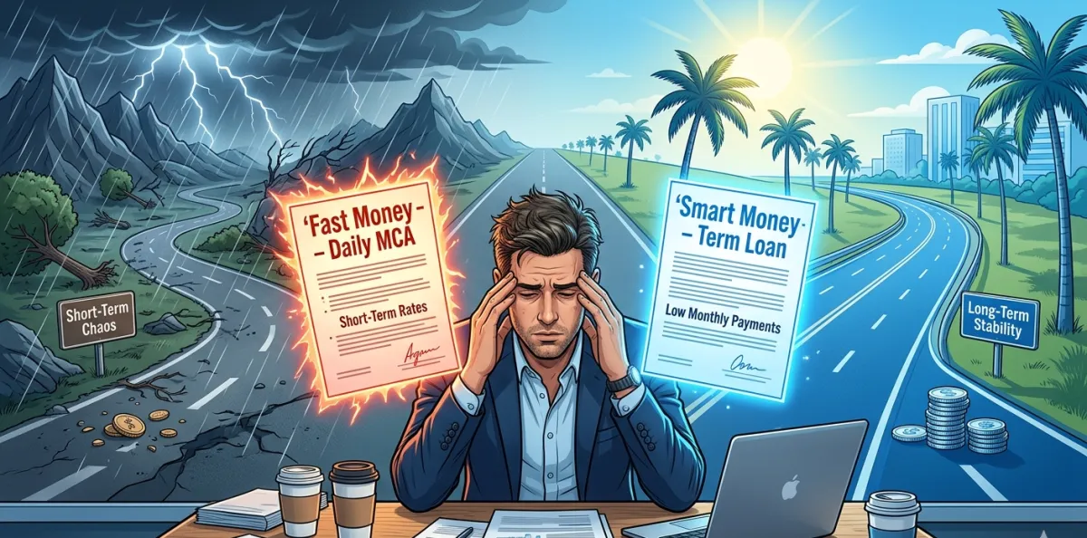 Small business owner comparing MCA vs term loan funding options in Miami, Florida