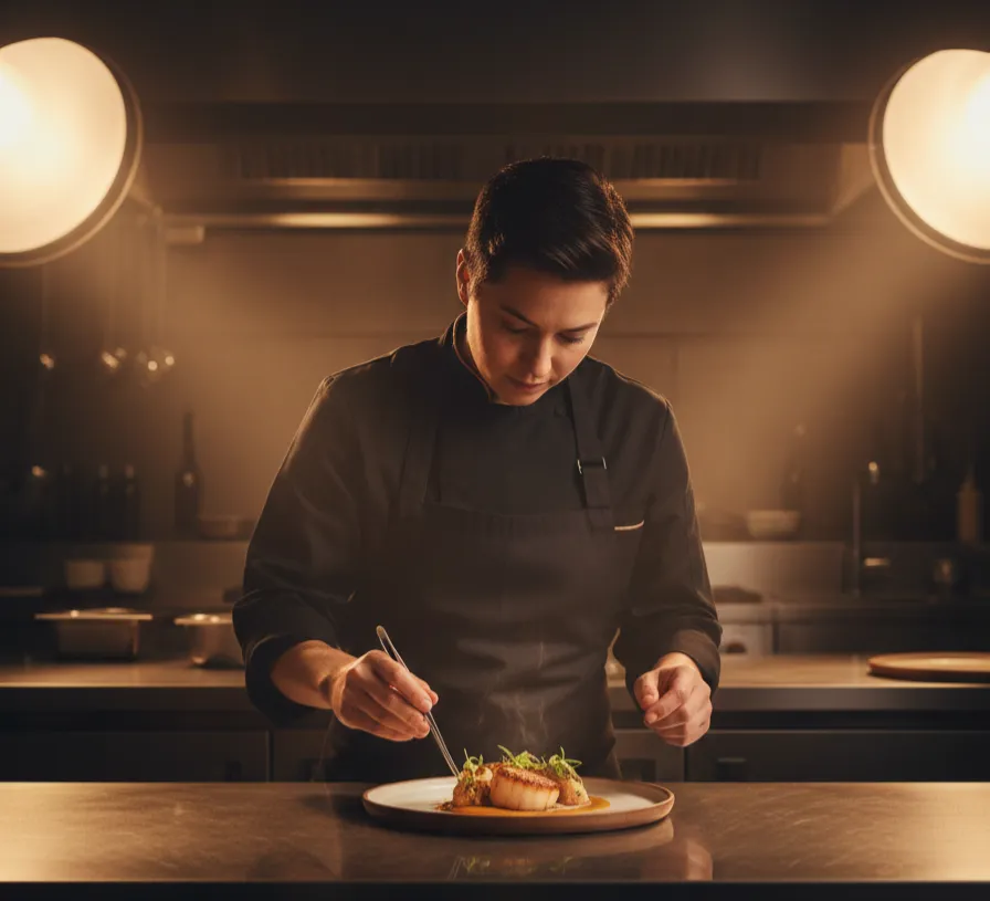 A professional chef preparing a dish in a modern restaurant kitchen