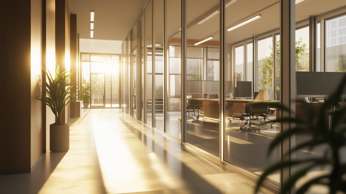 A modern office with large, sparkling windows The windows are clean and streak-free, showcasing the high-quality professional window cleaning service. The scene features daylight streaming through the glass, creating a bright and fresh atmosphere inside the workspace. The exterior of the building is immaculate, with a clean, polished appearance, symbolizing the results of expert cleaning. The image conveys professionalism, cleanliness, and attention to detail. Ultra-realistic, 8K resolution, commercial photography style.