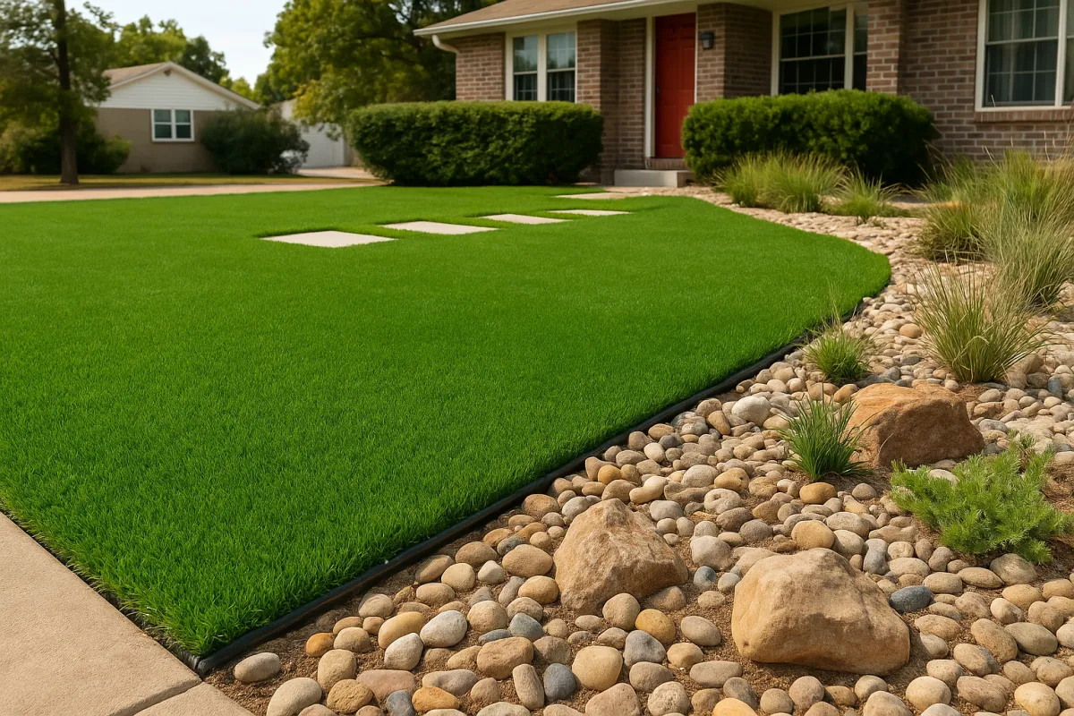 Front Range Xeriscapes front yard with synthetic turf, decorative rock, and drought-tolerant plants showcasing sustainable landscaping in Denver.