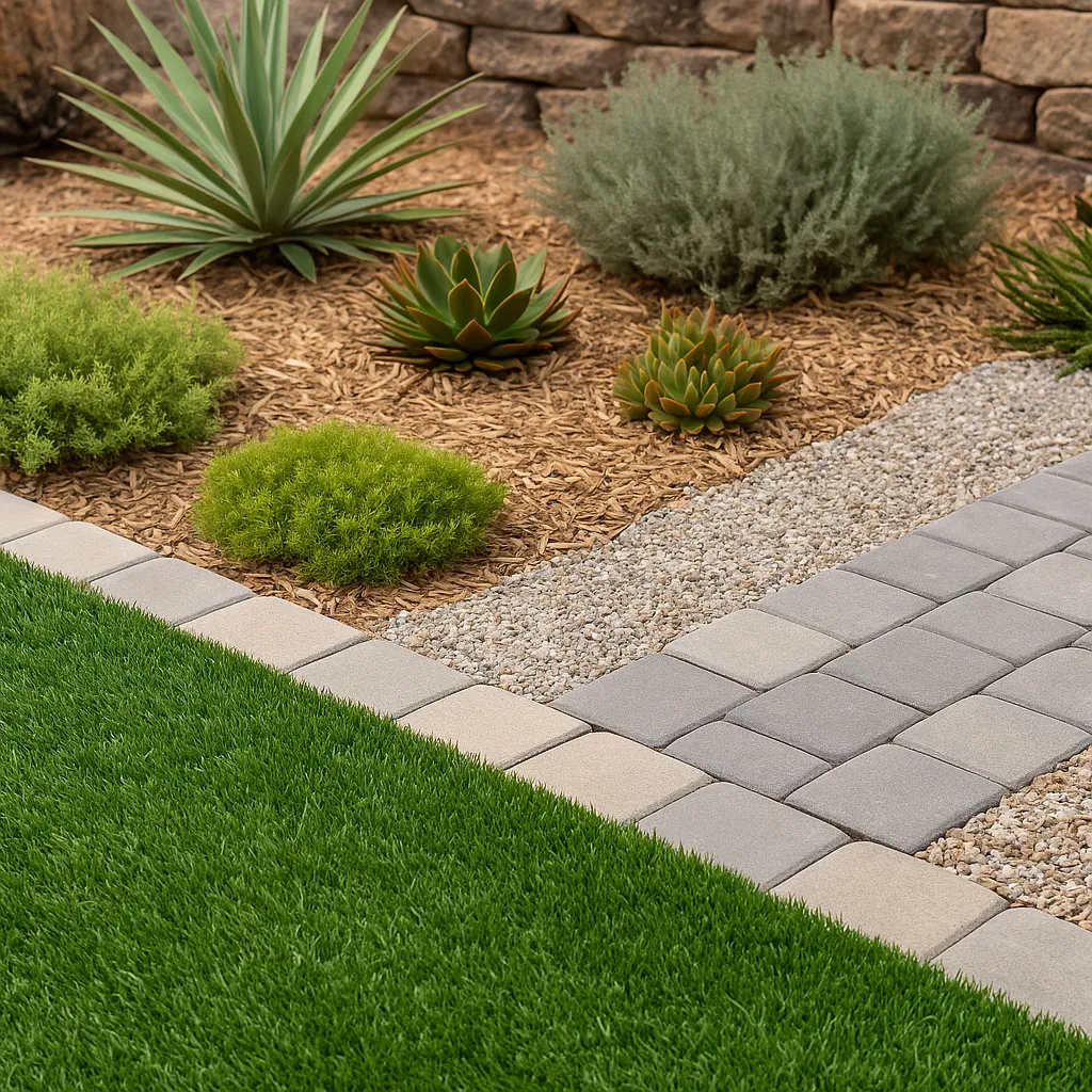Xeriscape garden with synthetic turf, pavers, gravel, and drought-tolerant plants.