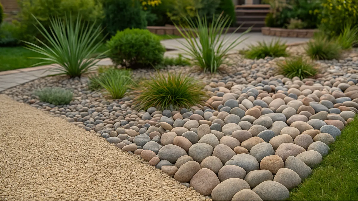 Decorative rock xeriscape with smooth river stones, gravel, and drought-tolerant plants in a low-maintenance Colorado landscape.