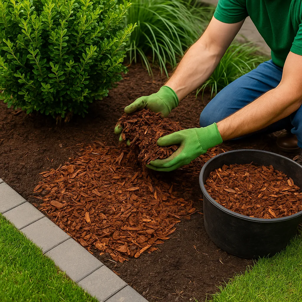 Landscaper applying fresh brown mulch around drought-tolerant plants in a xeriscape yard with synthetic turf and paver edging in Denver, Colorado.