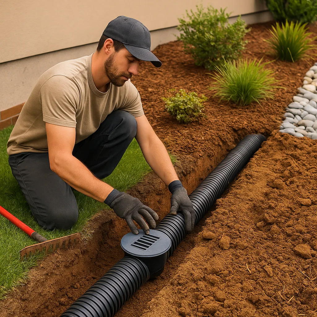 Landscaper installing a drainage pipe in a xeriscape yard with leveled soil and decorative rock near a Colorado home to prevent water damage and improve yard stability.