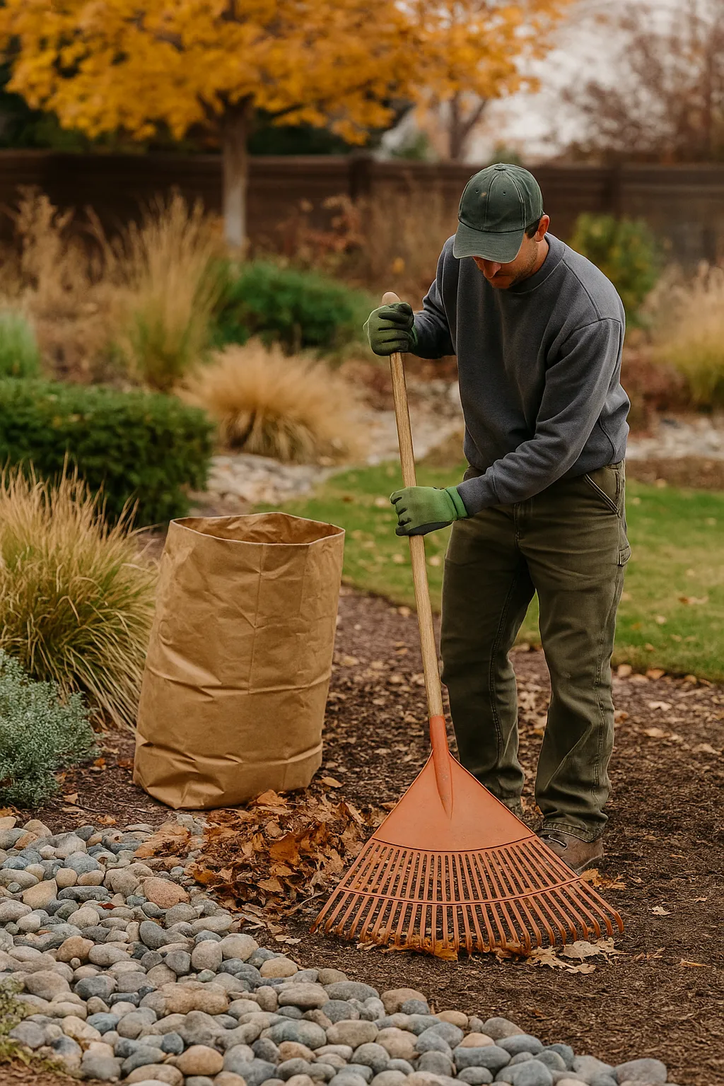 Landscaper raking autumn leaves in a xeriscape yard with decorative rock and drought-tolerant plants during a seasonal clean-up in Denver, Colorado.