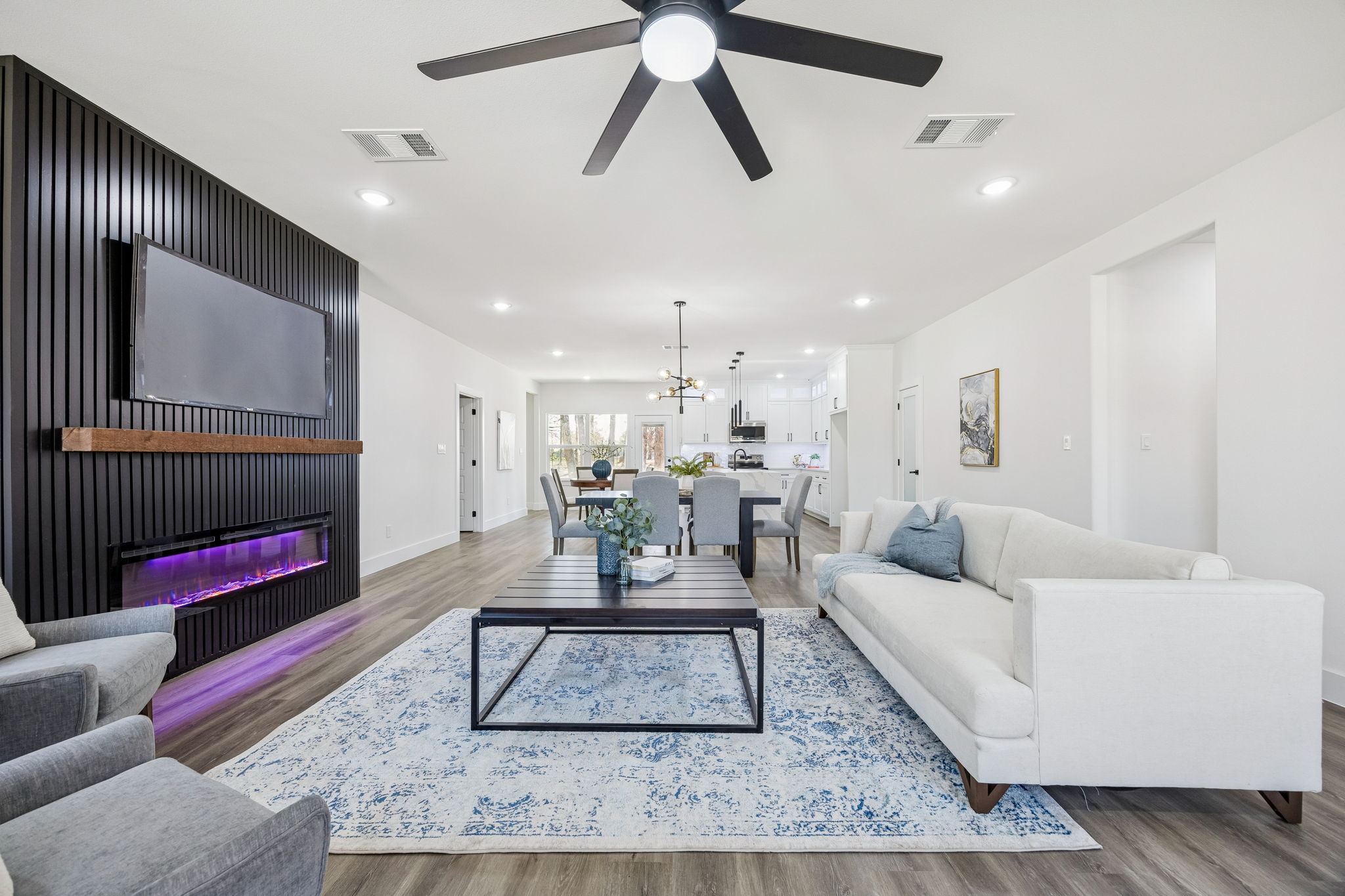 Texas Prime custom home great room with beams and large windows