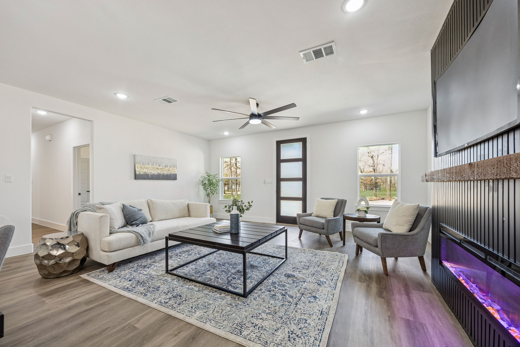 Texas Prime custom home great room with beams and large windows