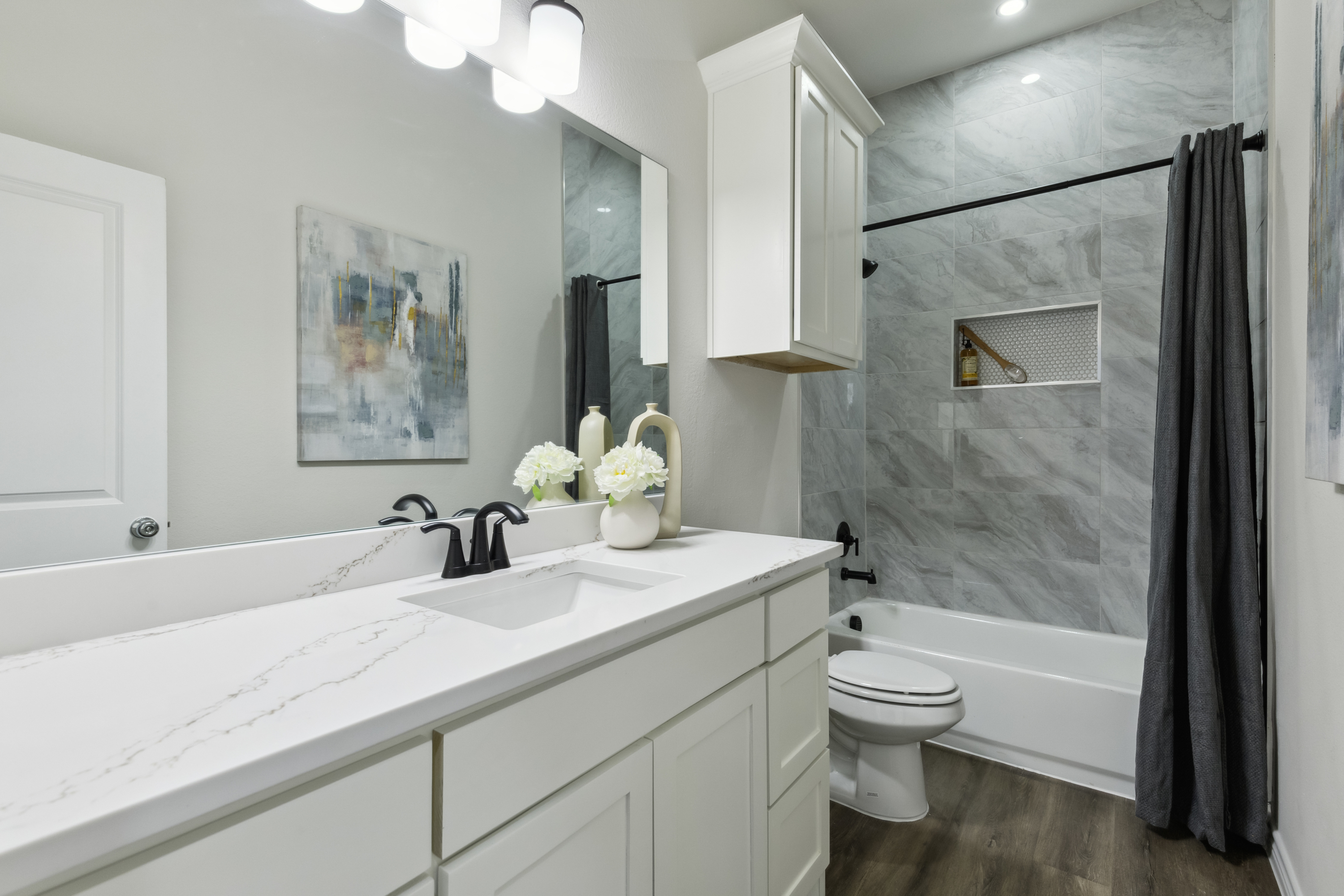 Texas Prime farmhouse master bathroom with freestanding tub