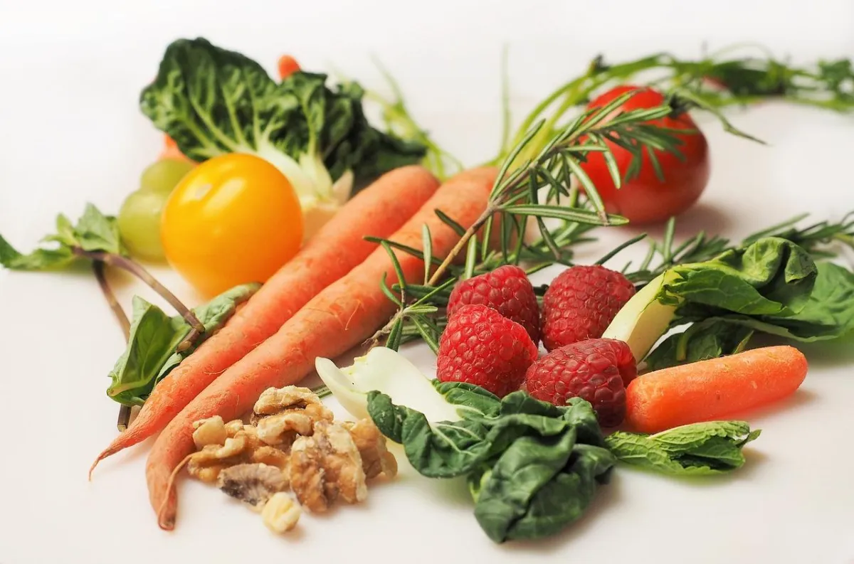 Image of Superfoods colorful vegetables with caption Healthy food for a strong body