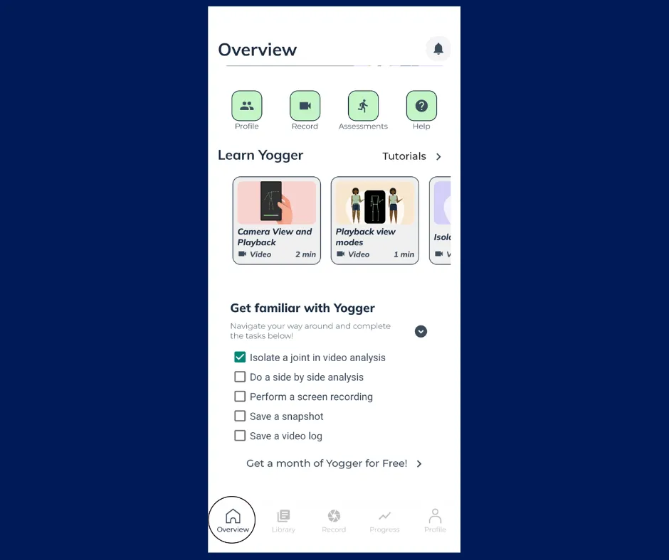 Screenshot of the Yogger mobile app Overview screen showing navigation icons for Profile, Record, Assessments, and Help, along with tutorial video thumbnails and a checklist for learning Yogger tools.