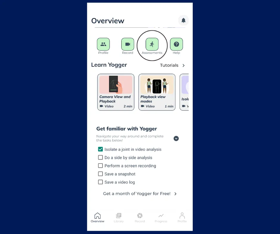 Smartphone screen displaying the Yogger Overview page with icons for Profile, Record, Assessments, and Help. The Assessments icon is circled, and tutorial videos appear below with a checklist of beginner tasks such as isolating a joint and performing side-by-side analysis.