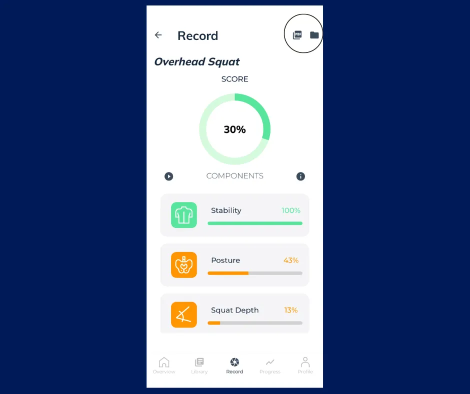 Smartphone screen showing Yogger’s Overhead Squat assessment results, including a circular movement score of 30% and component bars for Stability (100%), Posture (43%), and Squat Depth (13%). Navigation icons are visible at the bottom for Overview, Library, Record, Progress, and Profile.
