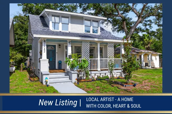 New listing in St. Petersburg FL — artist-owned Craftsman bungalow with teal front door, wraparound porch and lush landscaping. 4 bed/2 bath, not in flood zone.