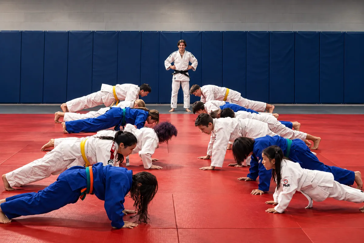 Children practicing judo breakfalls and balance drills on the mat