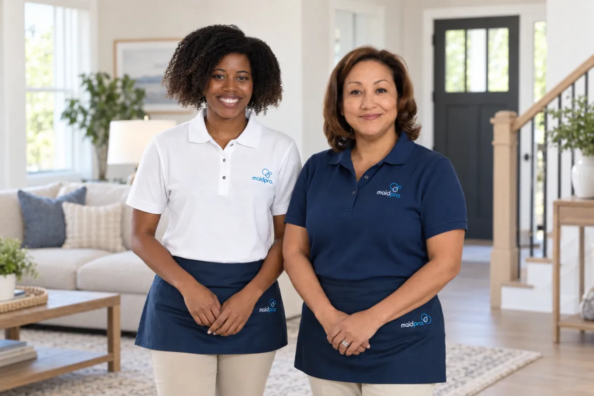 Smiling professional cleaner in uniform caring for a bright home