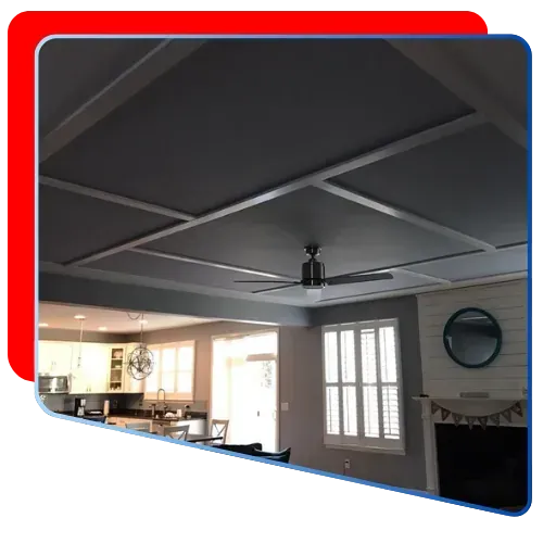 Interior painting of ceiling with recessed lighting and ceiling fan in Arlington business.