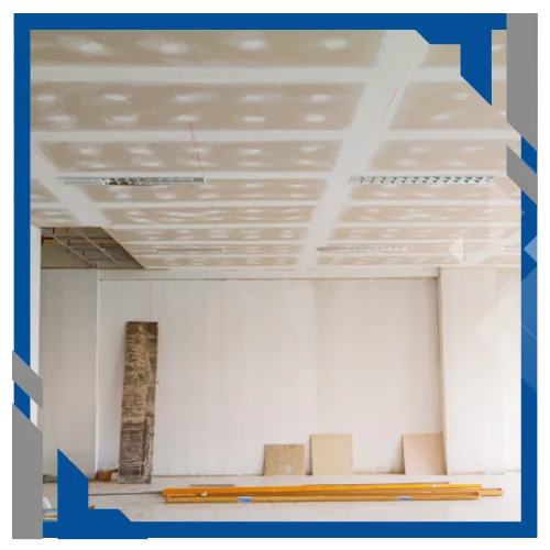 Newly installed drywall ceiling and walls awaiting finish by Liberty Painting.