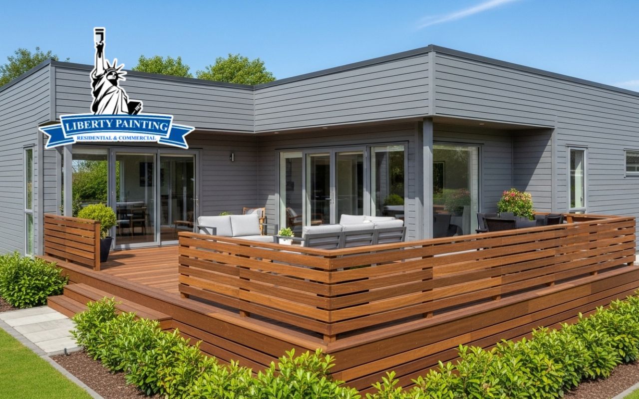 Gray siding and walnut deck showing house and deck color combinations