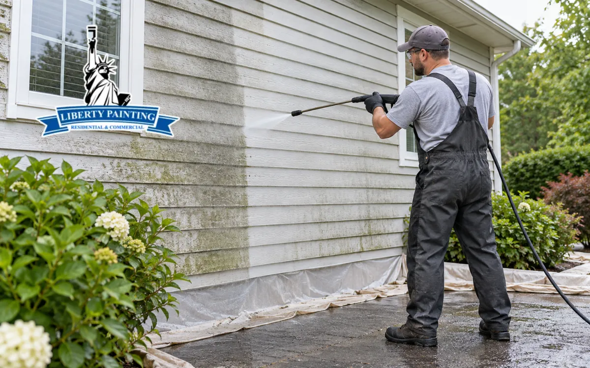 Power washing before painting a residential house exterior
