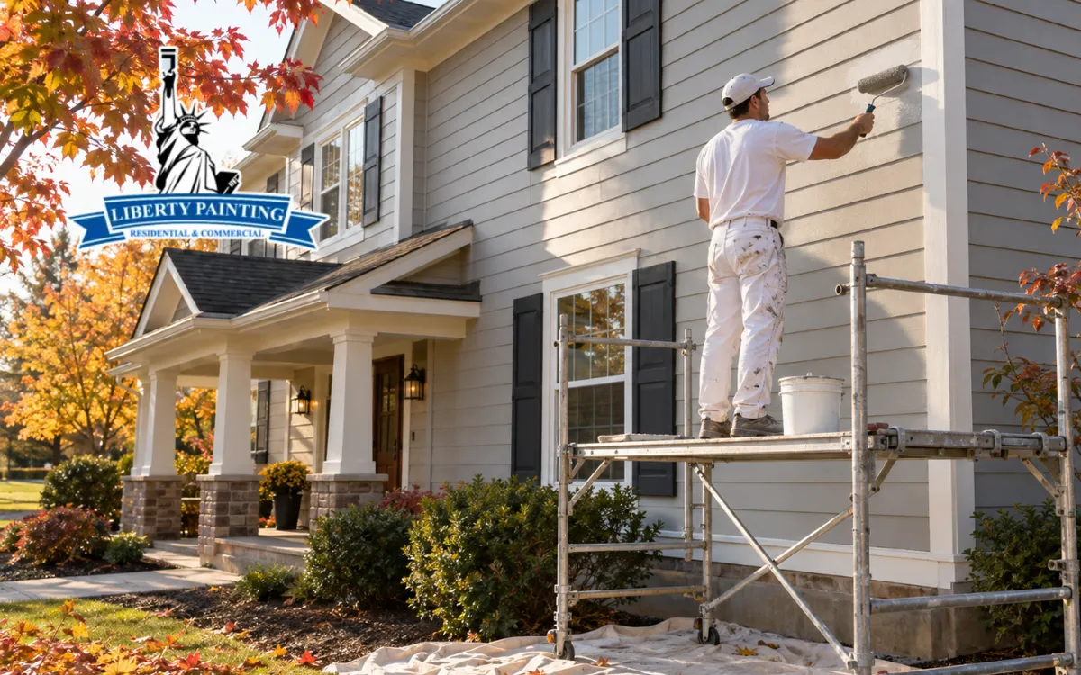  Fall exterior painting on a home during mild autumn weather