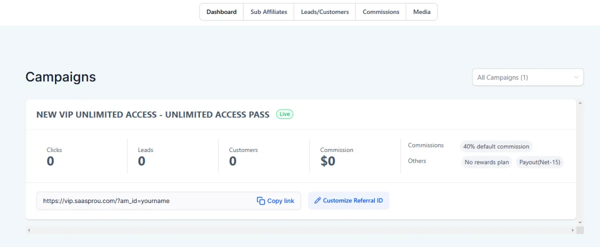 saas pro u affiliate dashboard