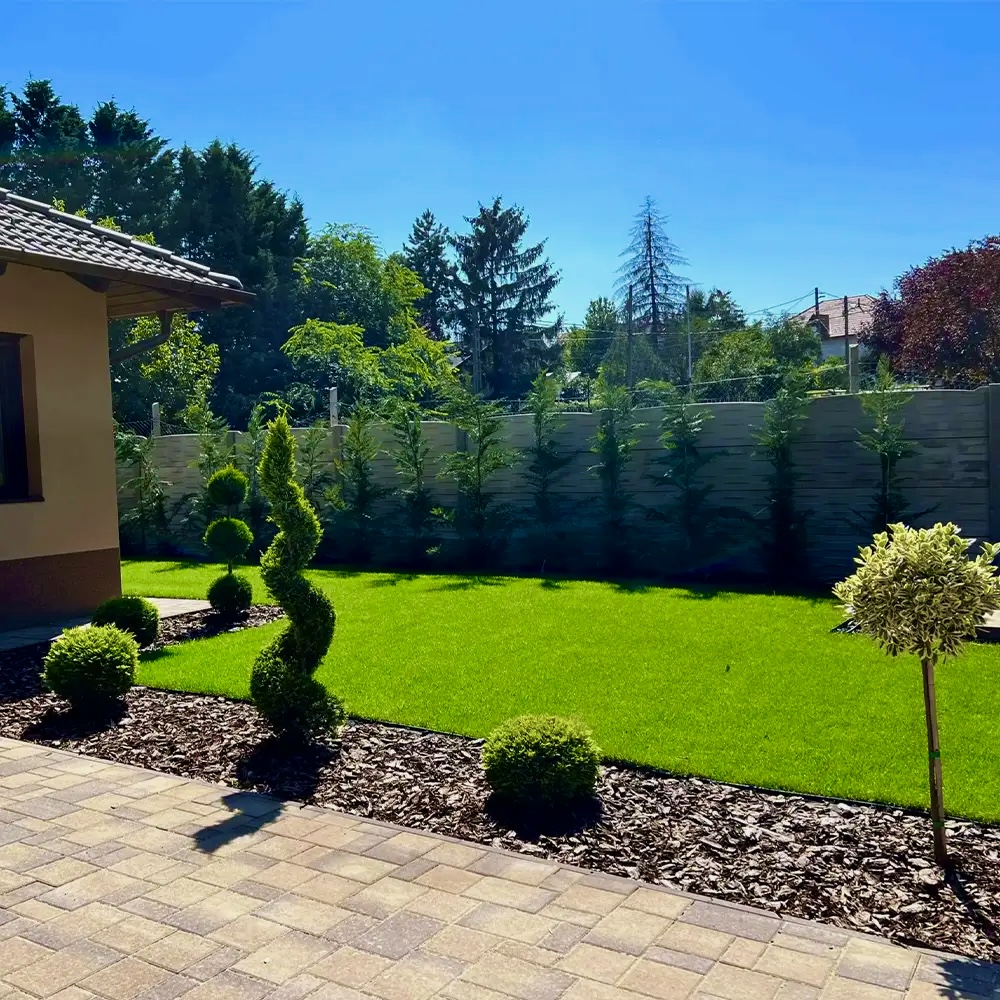 Parkosított kert frissen ültetett dísznövényekkel és rendezett zöldfelülettel