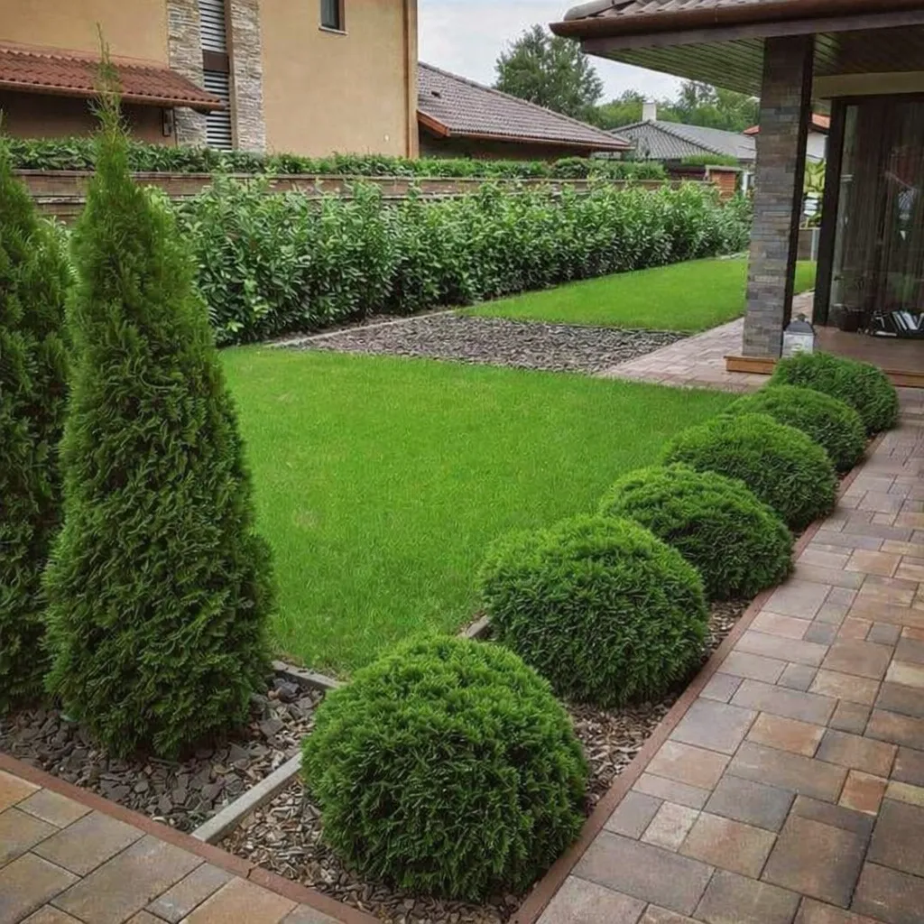 Rendezett családi ház kertje havidíjas kertkarbantartással, rendszeres fűnyírással és növényápolással Pest megyében