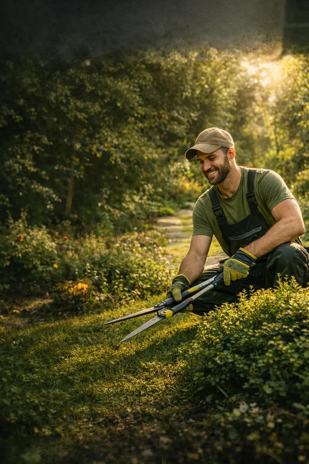 Udvarosok csapata munka közben, sövényvágás és kertgondozás profi eszközökkel Pest megyében 
