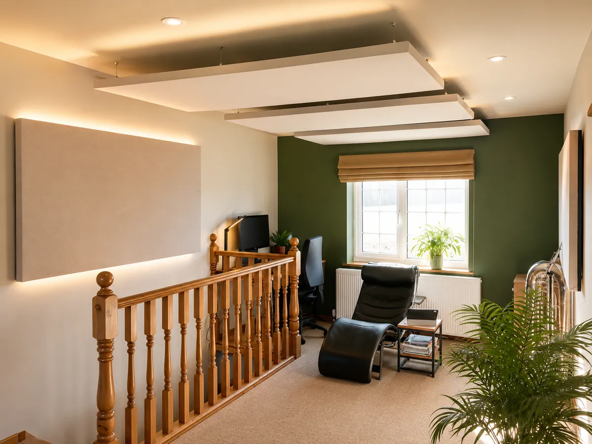 Acoustic treatment fitted to the walls and ceiling of a room