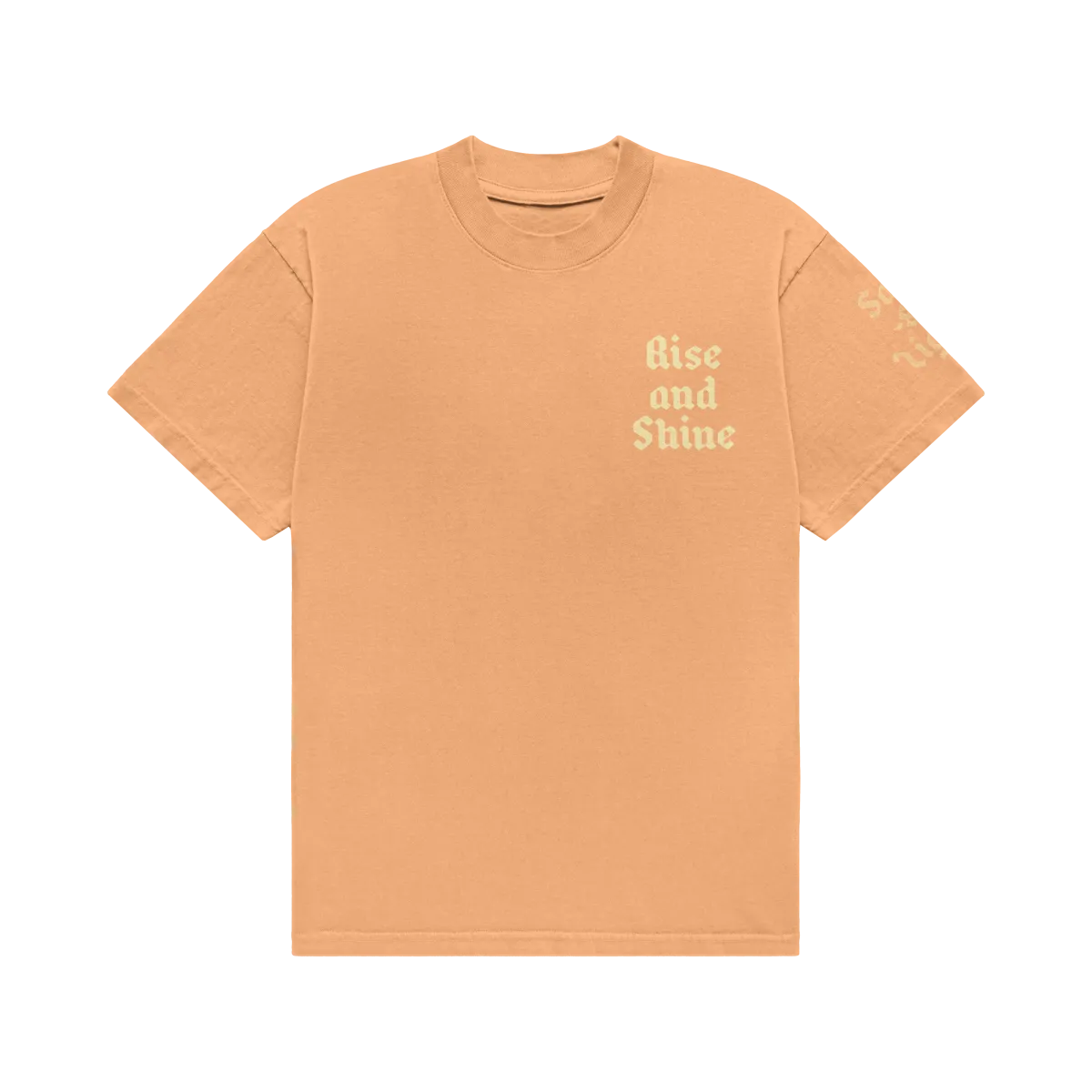 Peach Rise and Shine graphic t-shirt with hand-lettered design