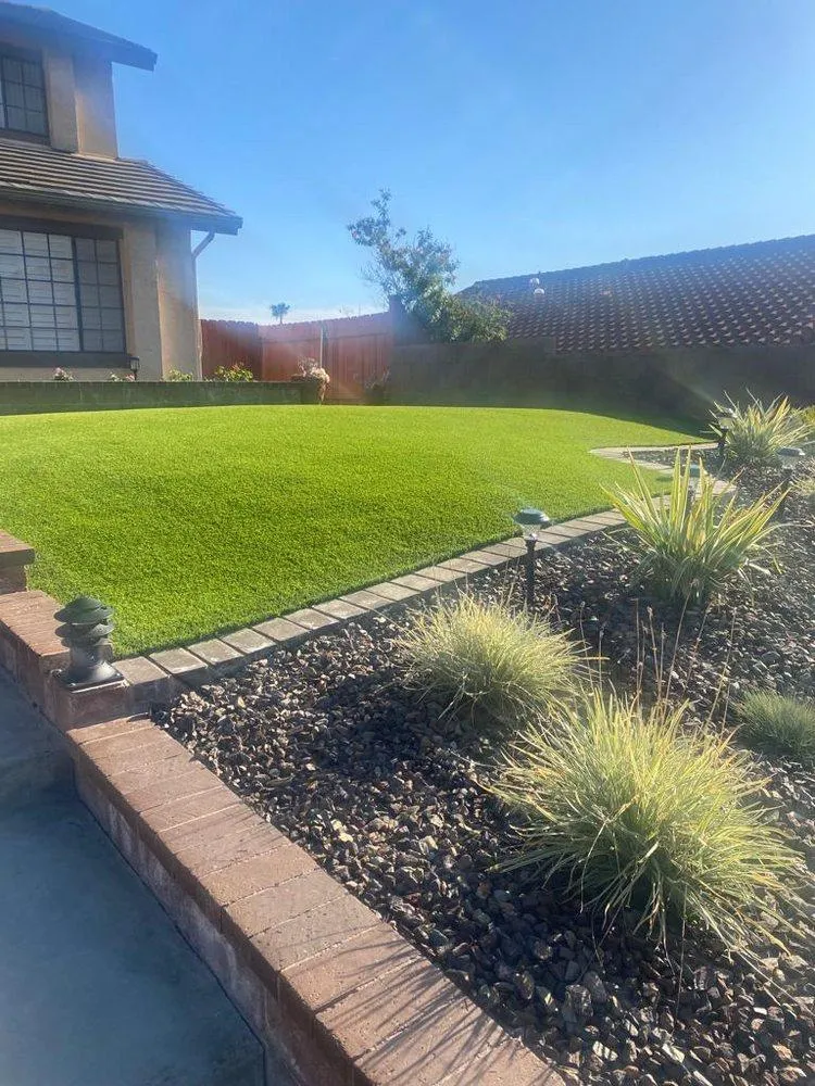 Freshly mowed front yard with clean cut grass in Lewisville, TX.