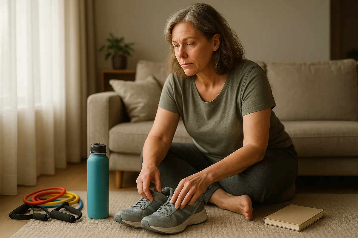 Woman in her 50s sitting at a sunlit kitchen table with a warm mug, looking reflective and tired in the morning.