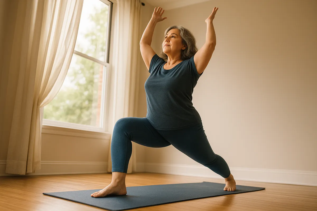 Woman in her 50s looking thoughtfully at her reflection in morning light, expressing quiet confidence after midlife weight loss.