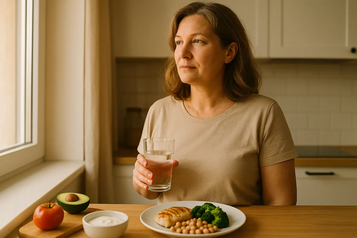 Woman in her late 40s standing in a sunlit kitchen, looking calm and determined, representing breaking through a midlife weight loss plateau.