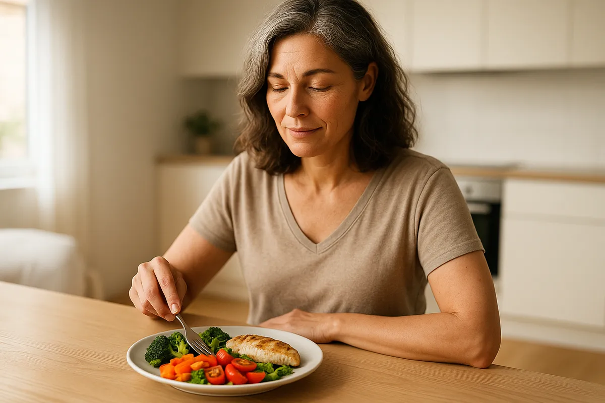 Woman in her late 40s calmly preparing a nourishing meal at a bright kitchen table, representing sustainable eating habits.