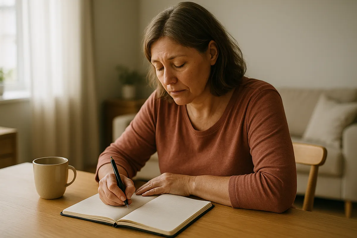 Woman in her late 40s writing in a daily planner at a kitchen table, building consistent habits with morning structure.