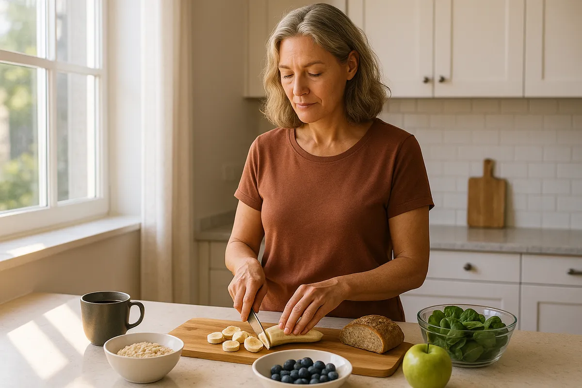 Woman in her late 40s preparing a healthy breakfast in a bright morning kitchen, calm and focused.