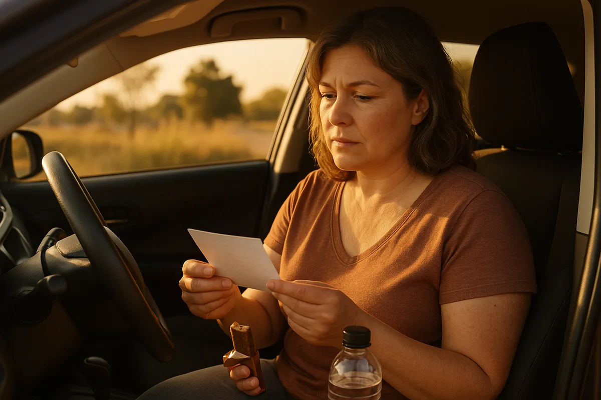 A tired woman in her late 40s sitting at a sunlit kitchen table holding a coffee mug, reflecting on a rough night's sleep.