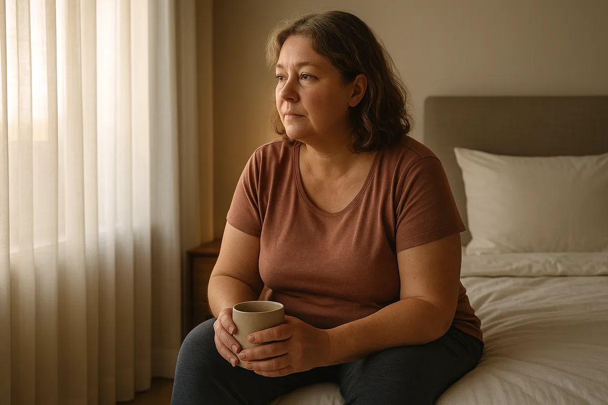 Tired midlife woman sitting on bed edge in morning light, holding a mug, reflecting after a sleepless night.
