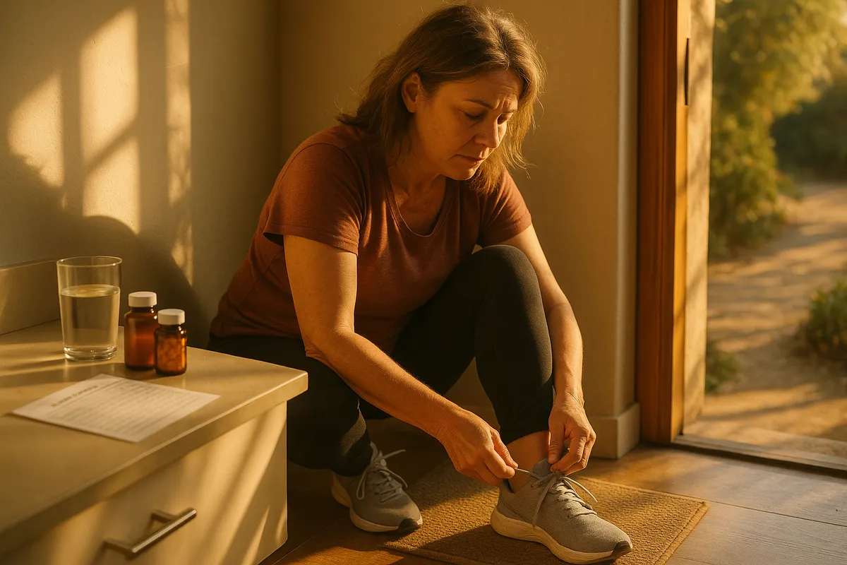 Woman in her late 40s writing in a journal at a kitchen table in warm morning light, looking calm and focused.
