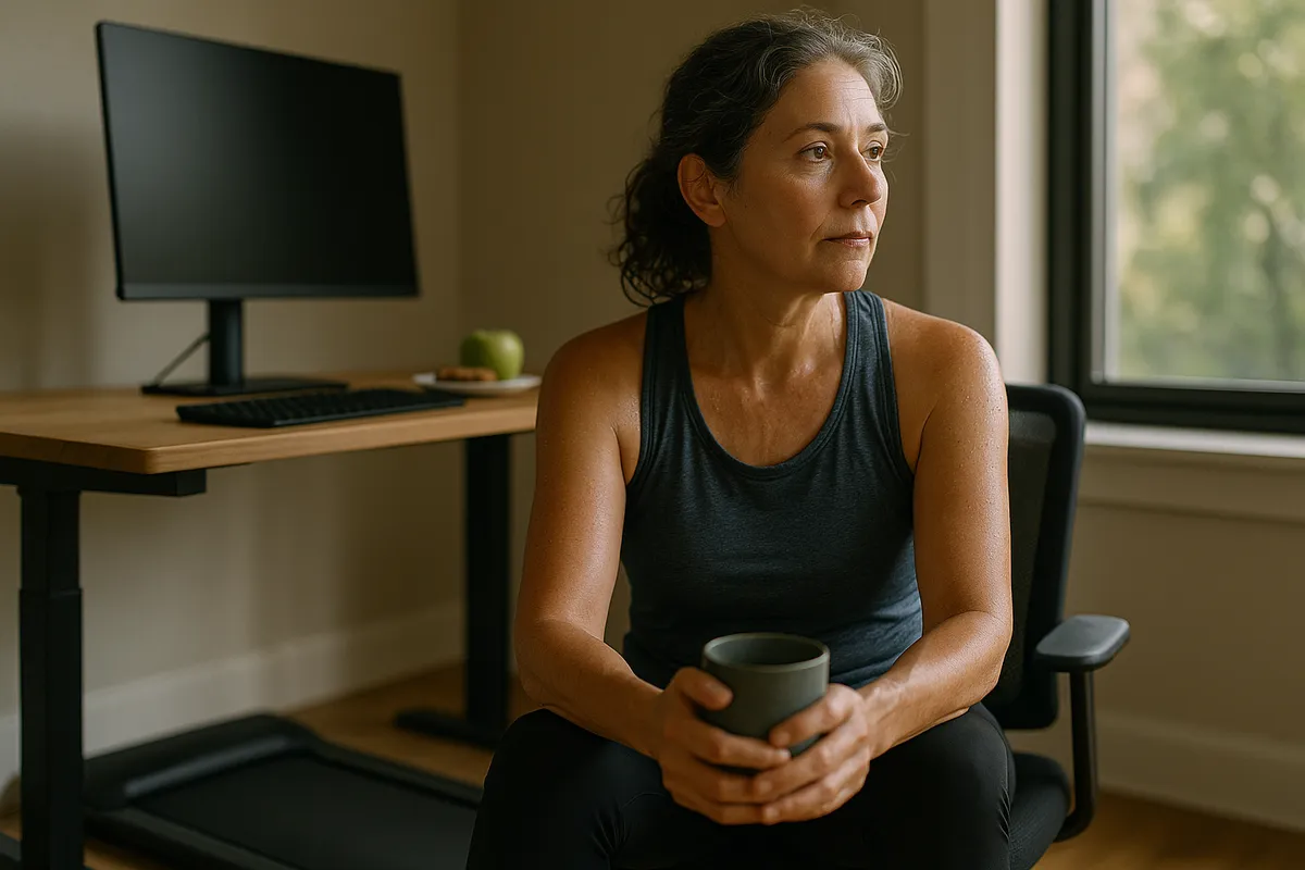 Woman in her 50s sitting in morning light with a warm mug, looking calm and reflective — rebuilding confidence after menopause diet struggles.