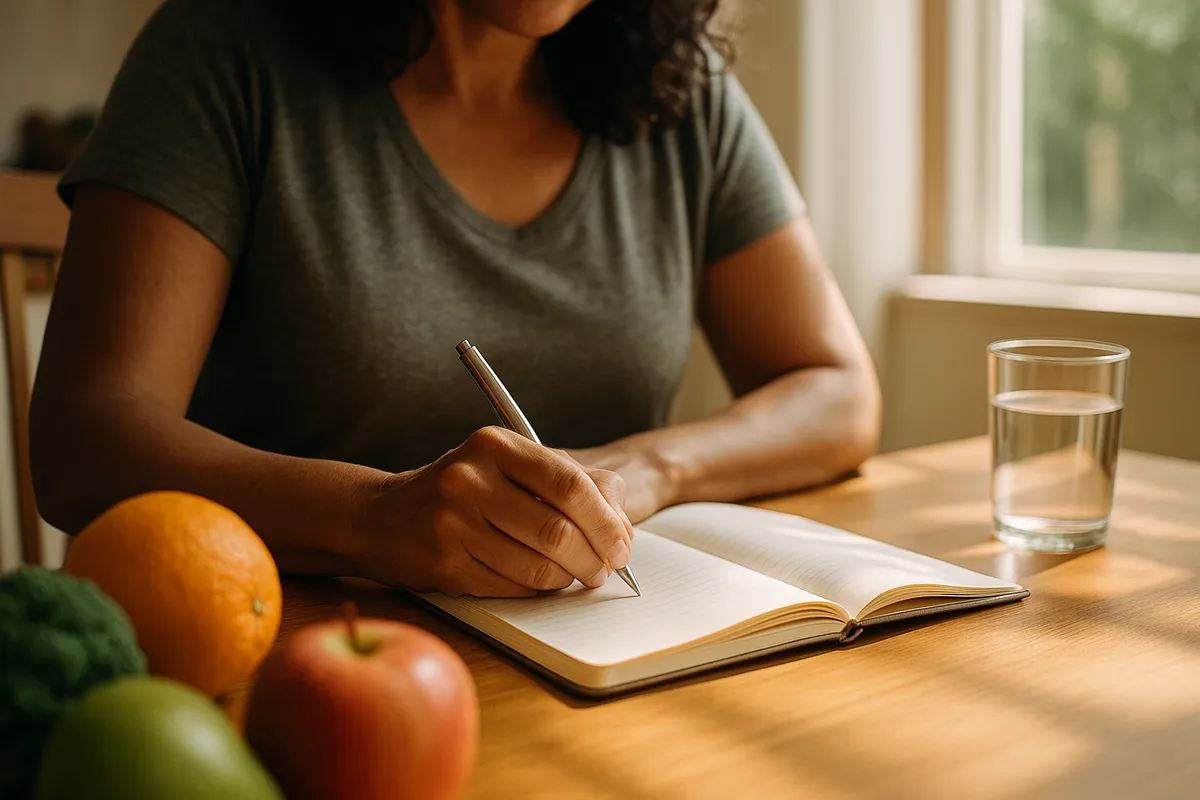 Confident midlife woman standing in a sunlit kitchen, looking calm and self-assured as she tracks her progress beyond the scale.