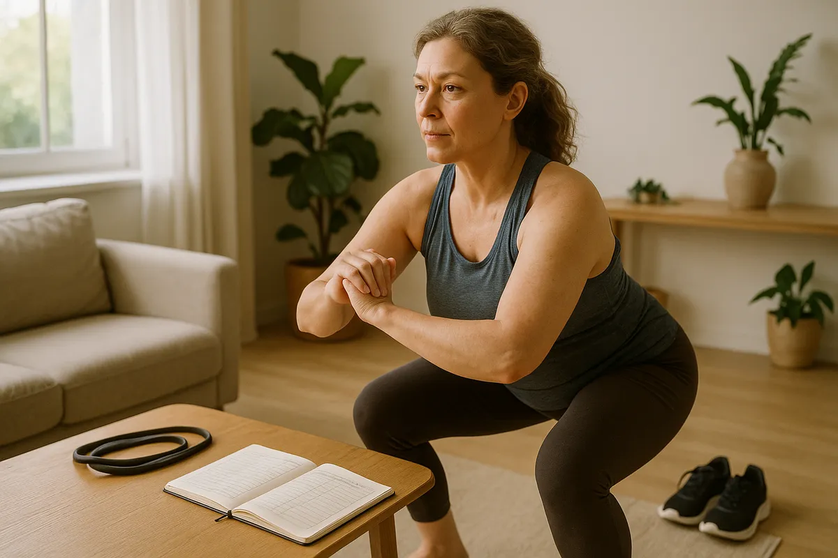 Woman in her late 40s reviewing a body composition journal in a bright, calm home setting.