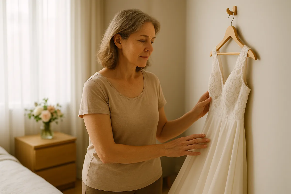 Woman in her early 50s calmly looking at a dress hanging in a sunlit bedroom before a family wedding.