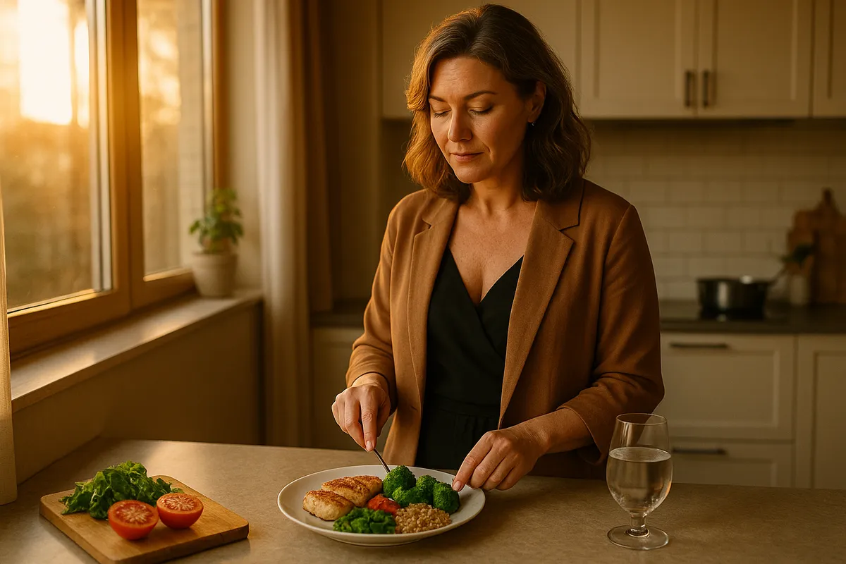 Woman in her late 40s preparing a balanced pre-event meal in a warm, naturally lit kitchen before a social gathering.