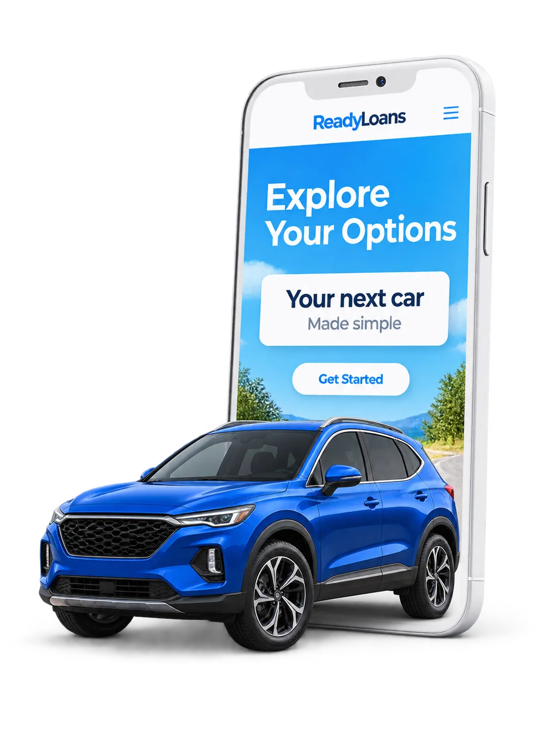 ReadyLoans on a smartphone with a blue crossover vehicle