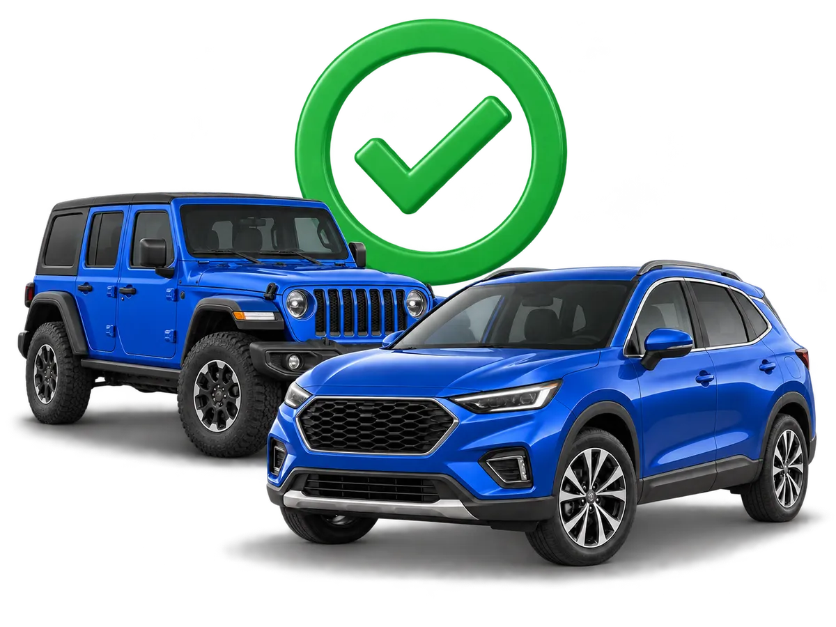 Blue off-road SUV facing a blue crossover, with a green checkmark and circle